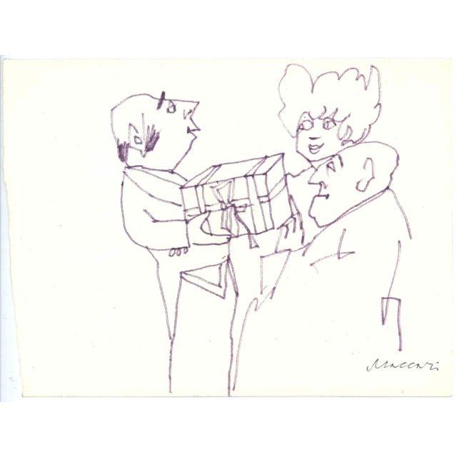 The Gift is a Violet Marker Drawing realized by Mino Maccari (1924-1989) in the Mid-20th Century. Hand-signed on the...
