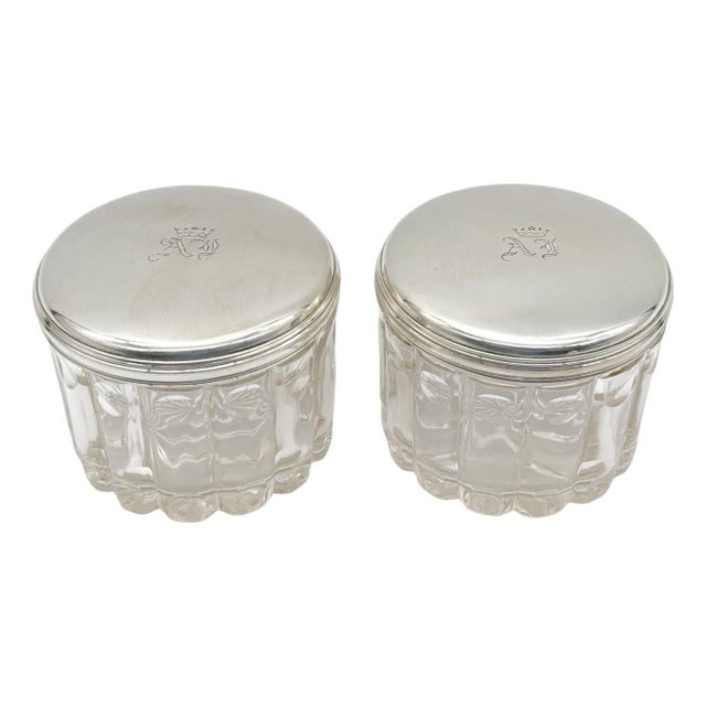 Pair French 'Royal' Silver Armorial Cut Glass Bamboo Motif Dresser Jars For Sale