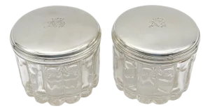 Pair French 'Royal' Silver Armorial Cut Glass Bamboo Motif Dresser Jars