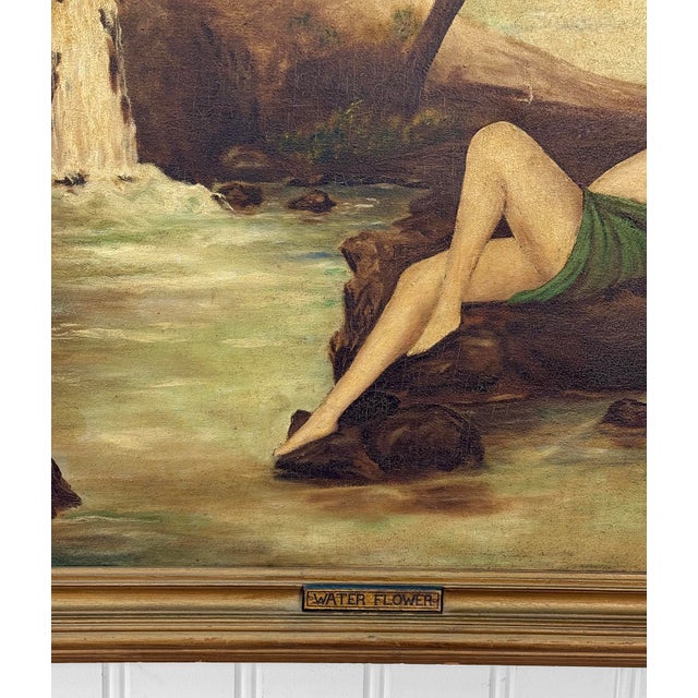 Gold Antique Art Nouveau Nude Women "Water Flower" Signed Oil on Canvas Painting For Sale - Image 8 of 13