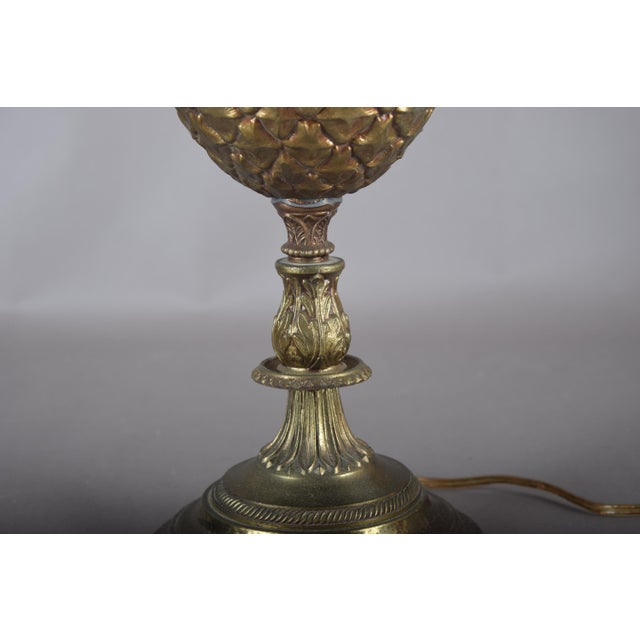 Metal Gold-Toned Pineapple Table Lamp with White Pleated Shade, 1950s For Sale - Image 7 of 15
