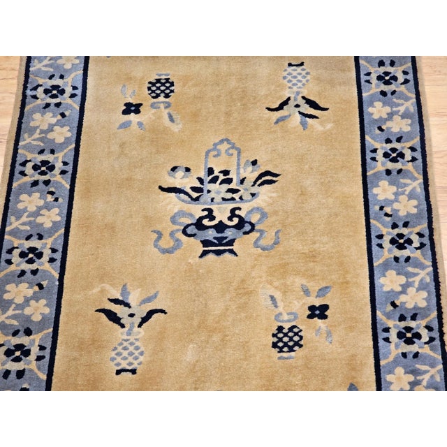 Textile Vintage Chinese Art Deco Rug, Hand-Knotted Wool, Tan & Blue, 1900s For Sale - Image 7 of 12