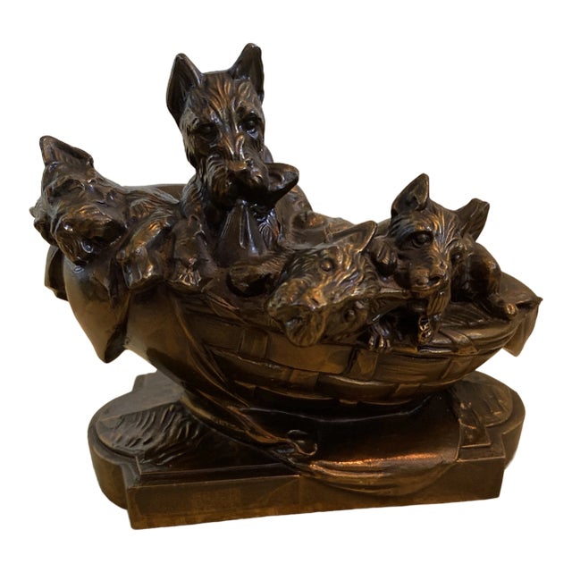1960s Bronze Tone Metal Yorkies in a Basket For Sale