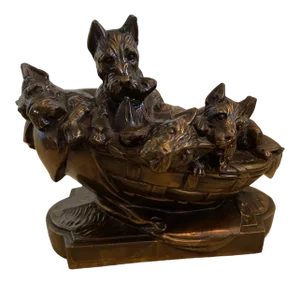 1960s Bronze Tone Metal Yorkies in a Basket