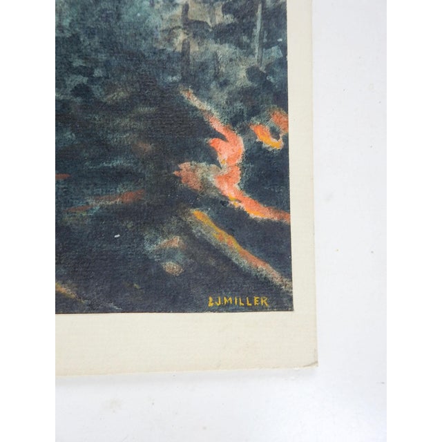 Mid 20th century watercolor on paper painting of a forest fire by Lewis J. Miller (1912-2007) New York/Florida. Signed...