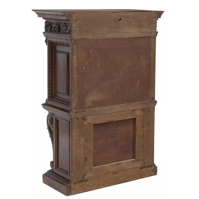 Early 1900s, Antique, Italian Renaiss. Revival, Carved, Walnut, Fall-Front, Cabinet For Sale - Image 4 of 6