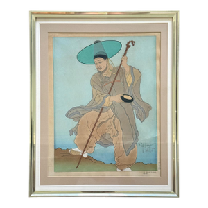 Framed Japanese Woodblock Print Le Bonze Errant by Paul Jacoulet