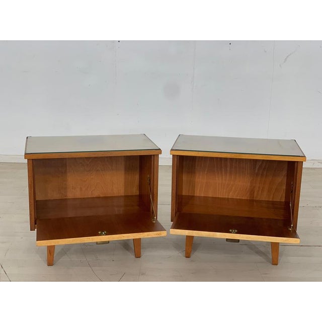 Two very nice bedside tables. The glasses are removable. • German design • 60s • good condition • brass handles • birch /...