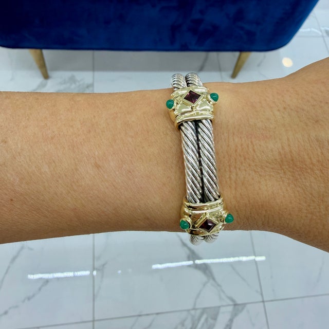Gold David Yurman Silver 14k Yellow Gold Double Cable Renaissance Cuff Bracelet For Sale - Image 8 of 8