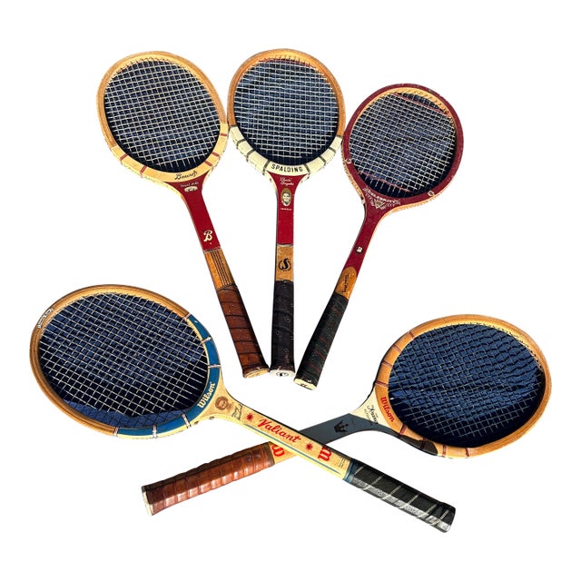 Collection of Vintage Miscellaneous Wooden Tennis Rackets With Red Accents For Sale