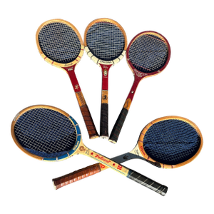 Collection of Vintage Miscellaneous Wooden Tennis Rackets With Red Accents