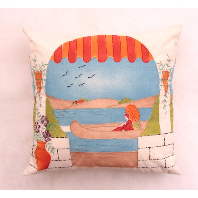 Art Deco Canoe Scene Hand Painted Pillow For Sale - Image 3 of 3
