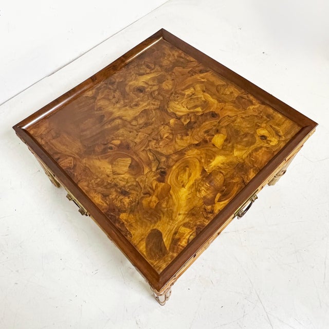 C. 1970s Italian Oyster Burl and Wrapped Bamboo Coffee Table For Sale - Image 4 of 9