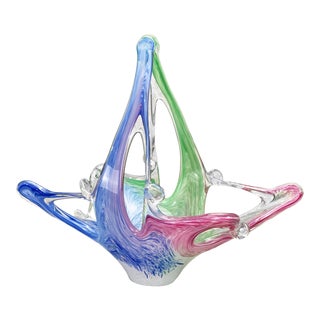 Vintage Large Italian Murano Stretch Art Glass Centerpiece Basket Bowl For Sale
