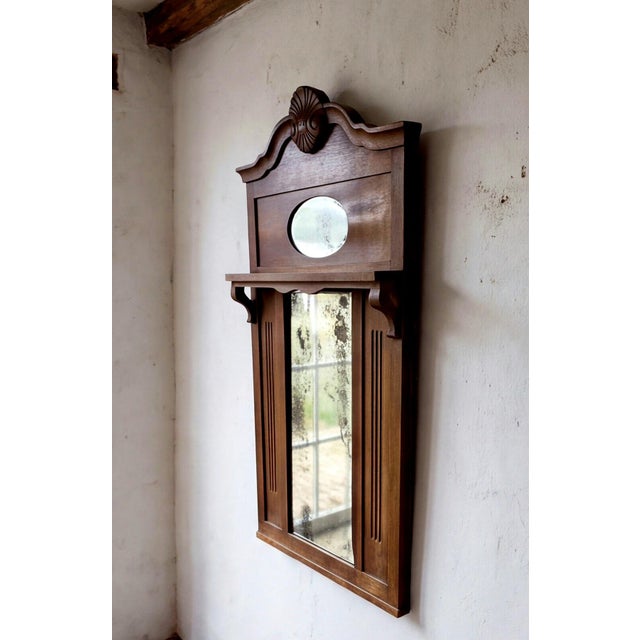 Wood Antique French Provincial Carved Oak Hall Mirror with Beveled Glass and Shelf, 1890 For Sale - Image 7 of 15