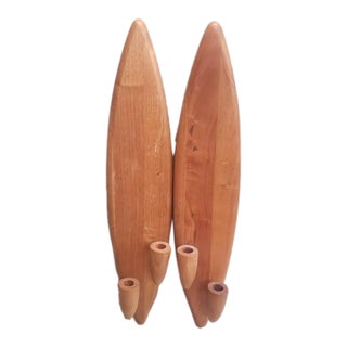 Vintage Pair MCM Belart Co 24" Wood Wall Candle Sconces Danish Modern Surfboard Shape For Sale