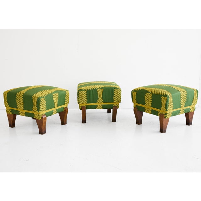 19th Century Set of Three Italian Footstools, Upholstered in Green & Gold Fabric, 19th C. For Sale - Image 5 of 11