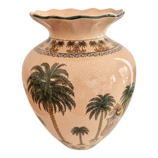 Vintage Palm Tree Crackle Glaze Vase | Large British Colonial Coastal Ceramic Urn | 11.5” X 8.5” For Sale
