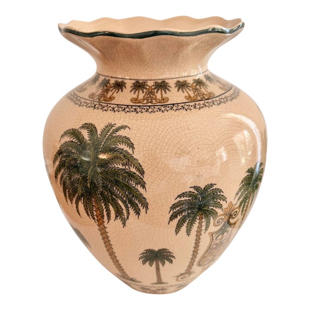 Vintage Palm Tree Crackle Glaze Vase | Large British Colonial Coastal Ceramic Urn | 11.5” X 8.5” For Sale