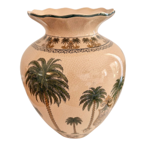 Vintage Palm Tree Crackle Glaze Vase | Large British Colonial Coastal Ceramic Urn | 11.5” X 8.5”