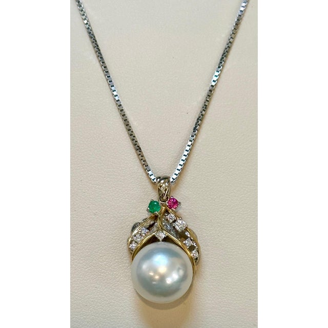 14mm South Sea Cultured Pearl & Diamond 18 K Gold Two Tone Pendant + Chain 14 KG For Sale - Image 17 of 18
