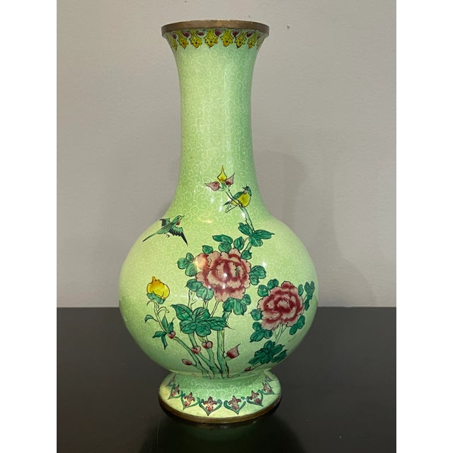 Asian Antique Lime-Green Ground Famille Rose 'Bird and Flower' Vase For Sale - Image 3 of 9