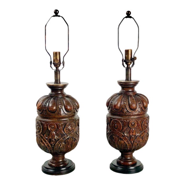 Pair of Oak Balustrade Lamps, 19th Century England For Sale