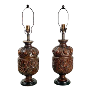 Pair of Oak Balustrade Lamps, 19th Century England