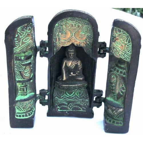 Asian Vintage Mid-Century Tibetan Folding Buddhist Triptych Shrine Altar Cast Bronze-Verdigris For Sale - Image 3 of 10