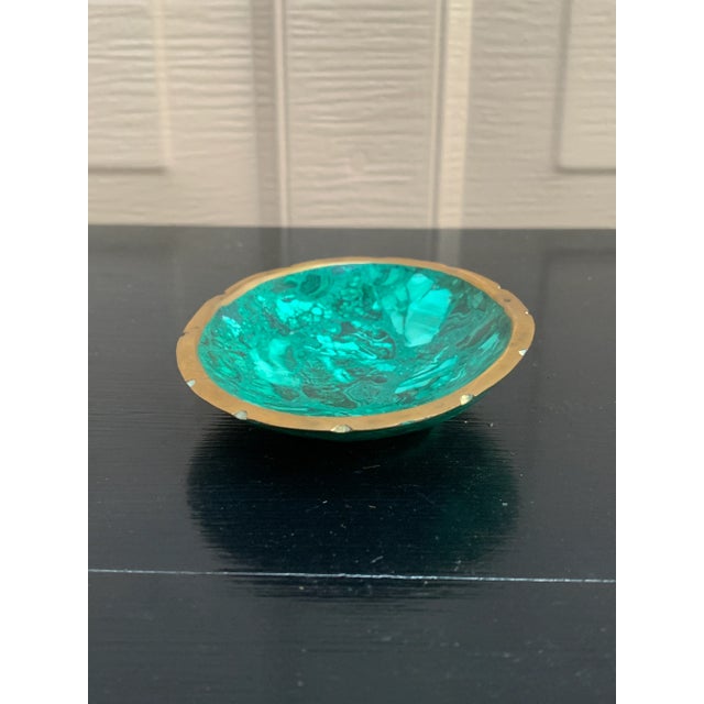 Metal Vintage Malachite Brass Rimmed Bowl For Sale - Image 7 of 8