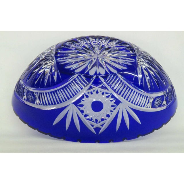 Glass Bohemian Czech Cobalt Cut to Clear Crystal Glass Large Oval Bowl For Sale - Image 7 of 13