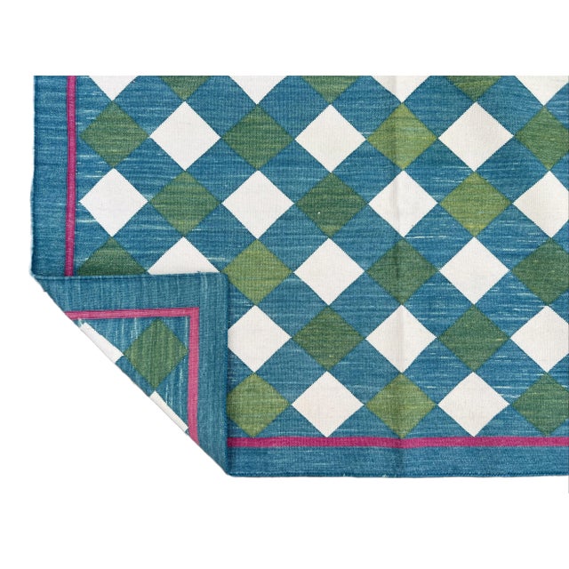 Casa Cosima Handmade Cotton Vegetable Dyed Checked Gingham Area Rug Teal Blue With Cream and Forest Green - 8'x10' For Sale - Image 4 of 10