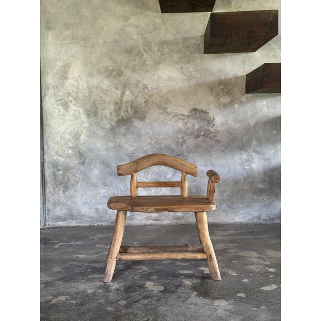 Small Vintage Bench with Backrest and Armrest in Light Asian Teak, 1990s For Sale - Image 4 of 10