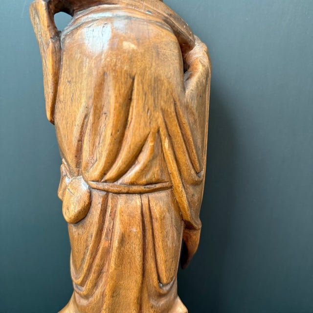 Hand Carved Wood Happy Buddha Statue With Candle Holder For Sale In Atlanta - Image 6 of 12