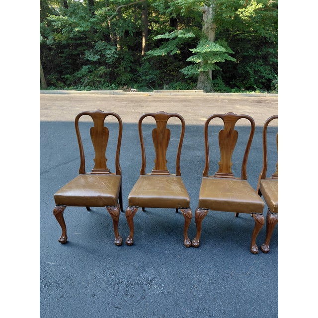 Wood Set of 6 Vintage Queen Anne Style Dining Chairs in Distressed Leather For Sale - Image 7 of 8