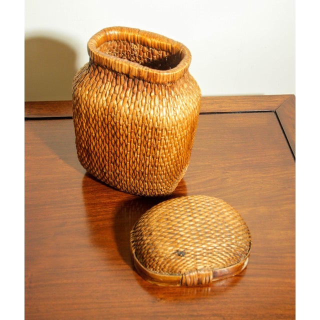 Brown Vintage Chinese Willow Woven Fisherman Basket Asian Storage Container For Sale - Image 8 of 11
