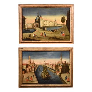 Vedutist Artist, Views of Rotterdam, 1750, Oil on Canvases, Framed, Set of 2 For Sale