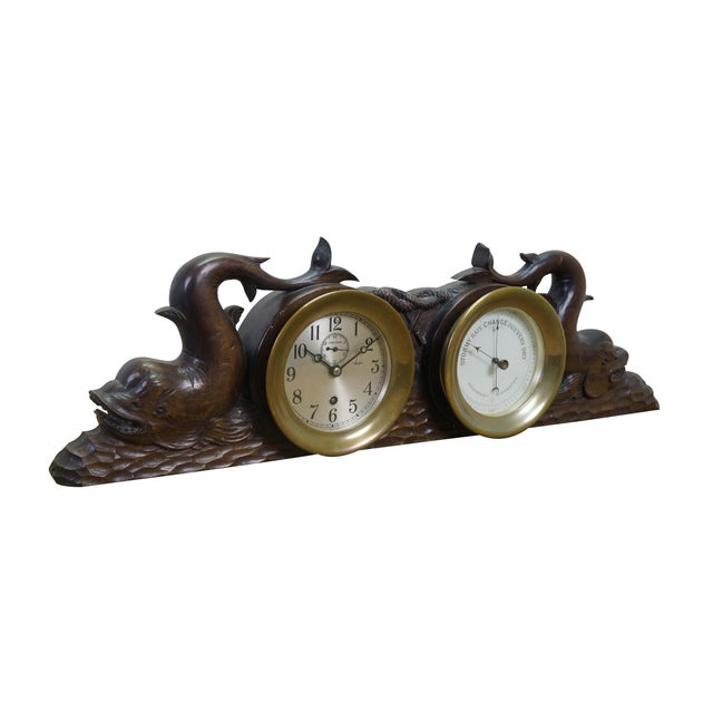 Mid-Century Modern Mid 20th Century Rare Chelsea Carved Dolphin Nautical Maritime Ship Mantel Clock & Barometer 25" For Sale - Image 3 of 16