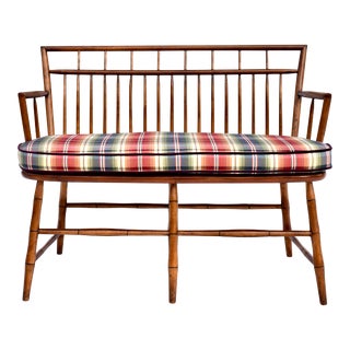 Farmhouse Birdcage Windsor Bench With Custom Cushion For Sale