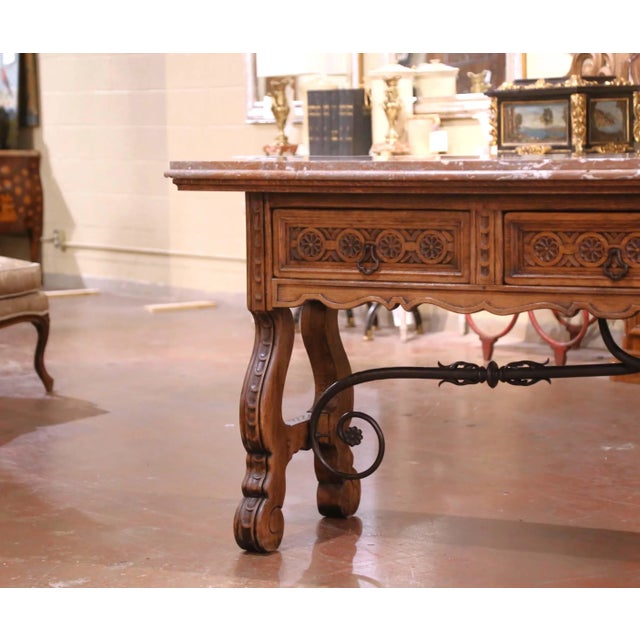 19th Century Spanish Baroque Carved Oak Console With Breccia Marble Top For Sale - Image 4 of 12