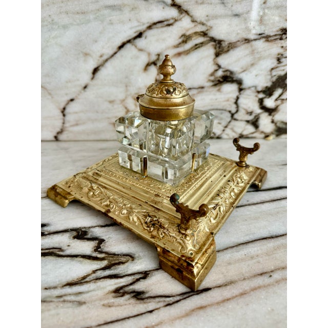 Exquisite antique 19th century French solid brass base stand and high quality edged cut crystal inkwell. Made in France.