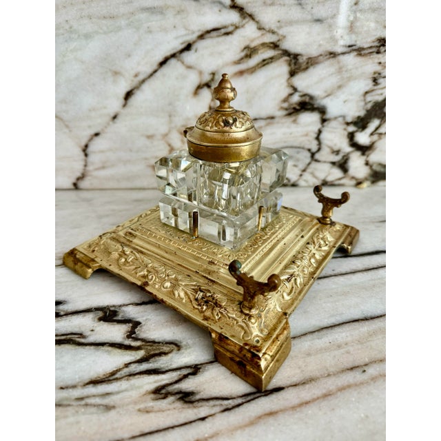 Antique 19th century French solid brass tray base and high quality edged cut crystal inkwell. Made in France.