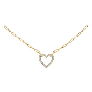 Gold Vermeil 1/10 Cttw Diamond Paperclip Chain Heart Pendant Necklace For Sale