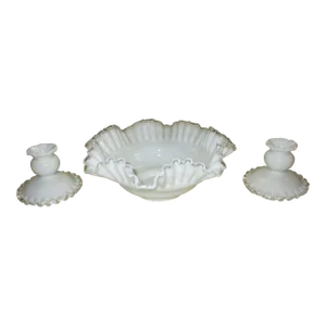 Vintage Fenton Silver Crest Ruffled Bowl and Candle Holders - Set of 3