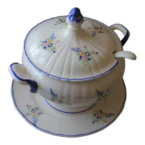 Vintage Floral Porcelain Tureen With Lid & Plate, Hand-Painted Blue & White Bowl