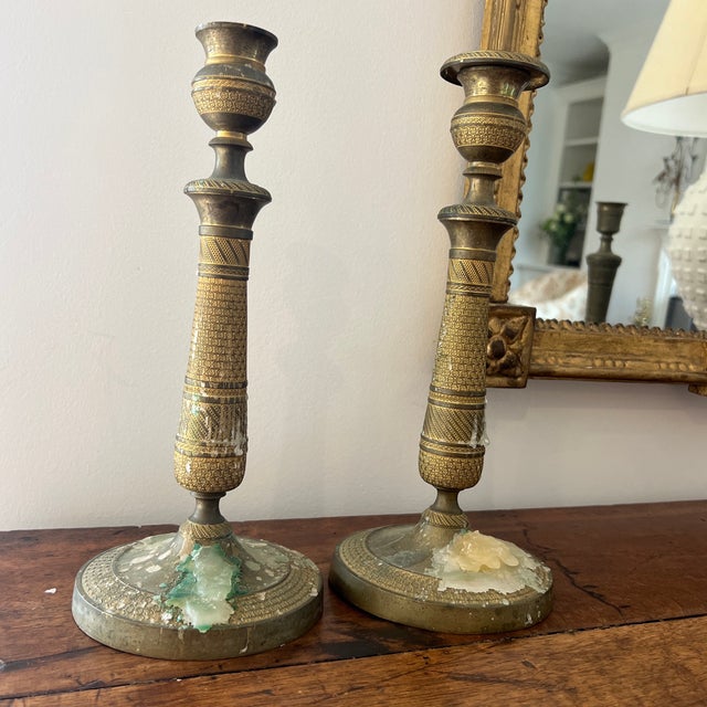 Brass Antique French Empire Brass Candleholders For Sale - Image 8 of 8