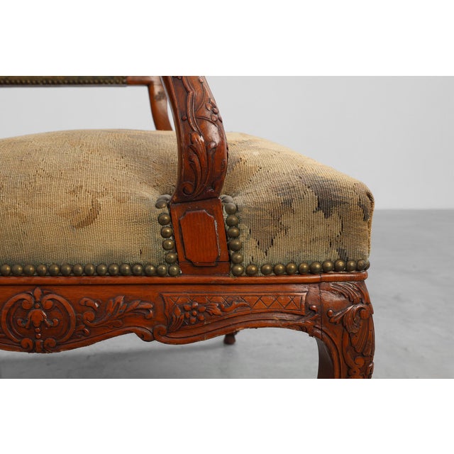 Carved Walnut Armchair with Cabriole Legs and Tapestry Upholstery, France, 1880 For Sale - Image 12 of 18