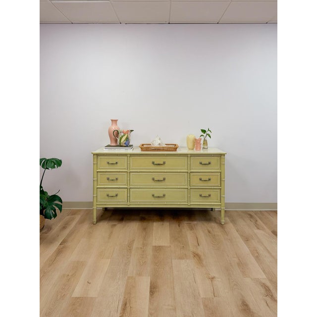 Mid 20th Century Coastal Henry Link Bali Hai Green Faux Bamboo 9 Drawer Dresser Hollywood Regency For Sale - Image 12 of 16