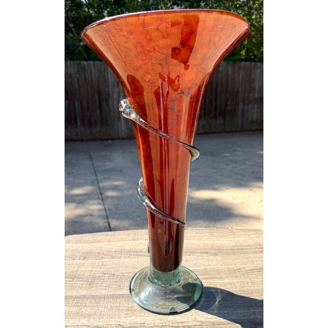 Glass Hand-Blown 20" Amber Red Art Glass Trumpet Vase Applied Serpentine Spiral For Sale - Image 7 of 18