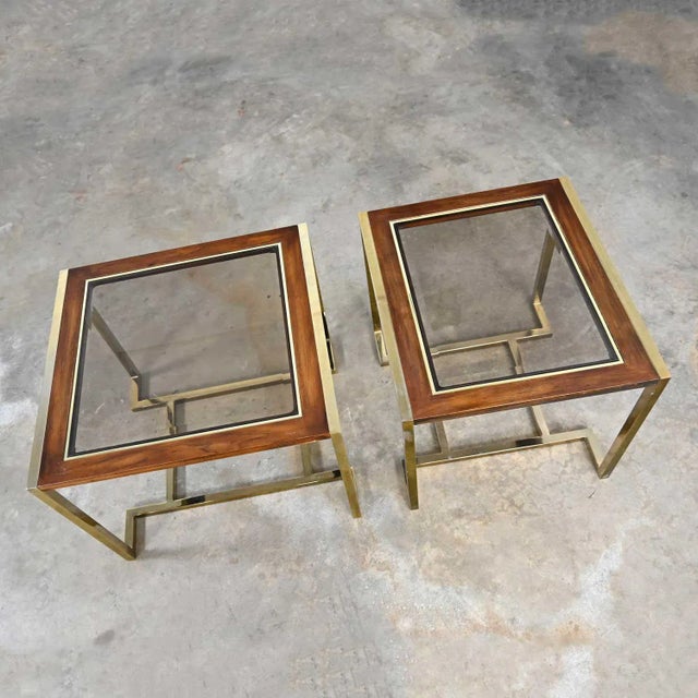 Modern Modern End Tables 2 Sizes Brass Plated Dark Wood & Smoked Glass Rectangles by Thomasville Furniture Style of Milo Baughman, a Pair For Sale - Image 3 of 17